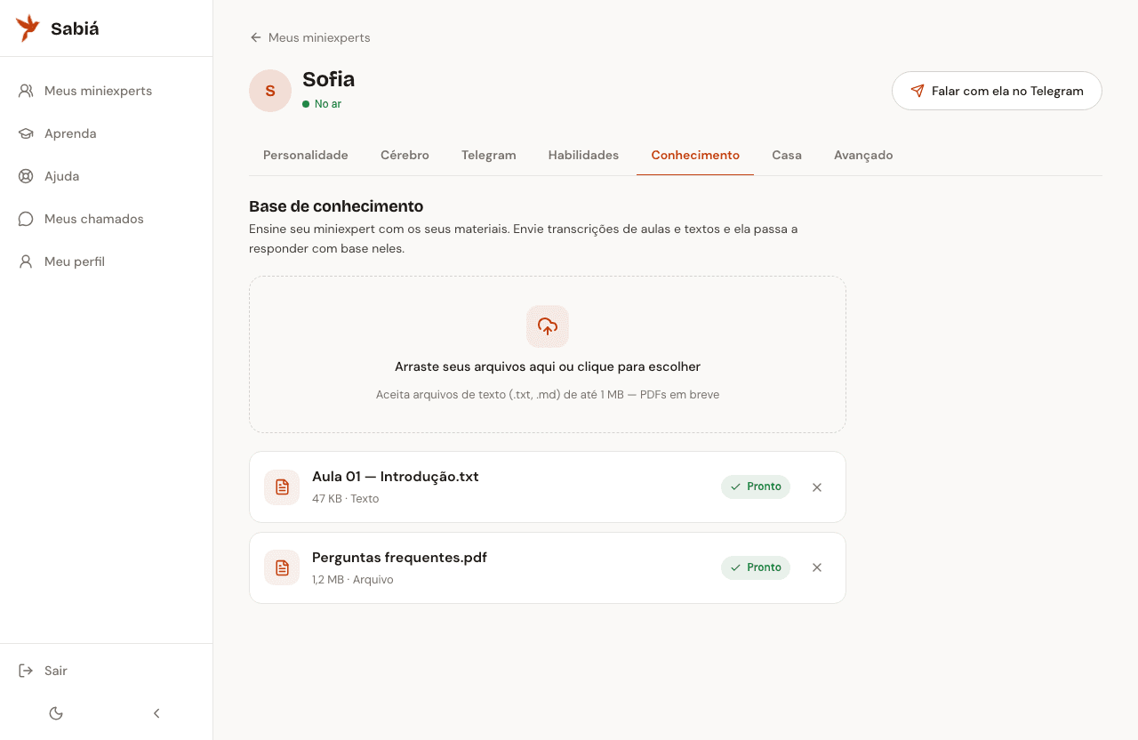 Base de conhecimento do miniexpert com upload de materiais