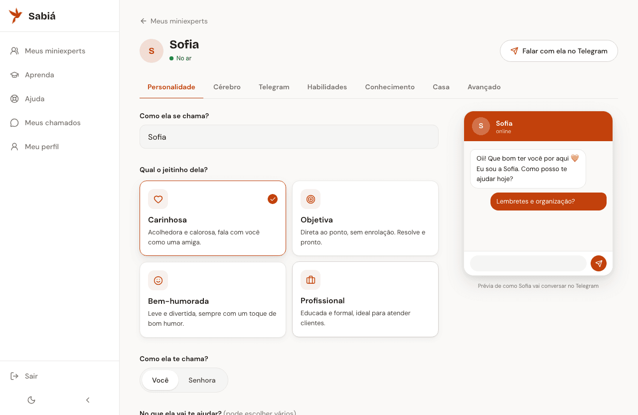 Configuração de personalidade do miniexpert com prévia da conversa ao vivo