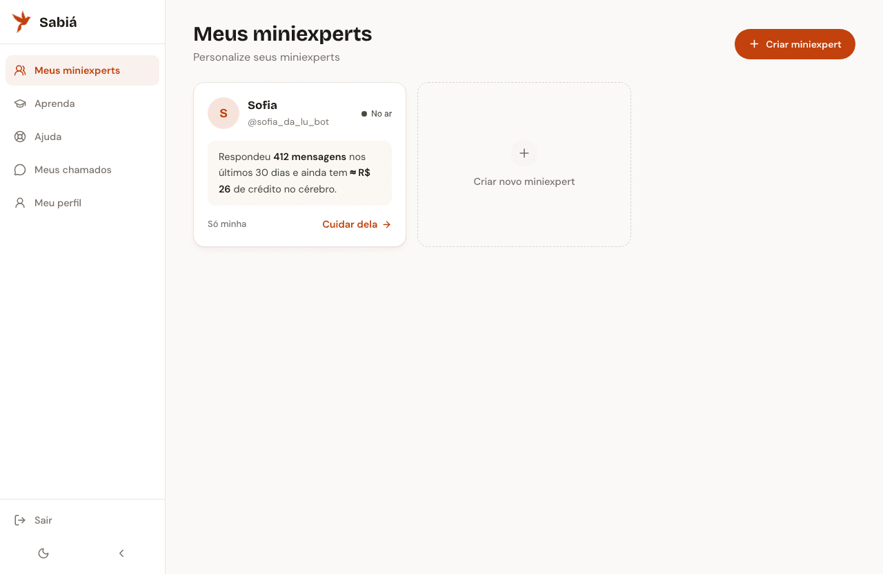 Painel do Sabiá com a lista de miniexperts e status em frases simples
